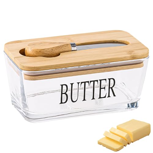 Butterdose Glas mit Holzdeckel, Butterglocke Glas Transparent mit Messer, Silikon Dichtung Butterdose, Butterbehälter, Multifunktion Butter Dish Dose für Haushalt Butter Brot Dessert Küche (A) von FUFRE