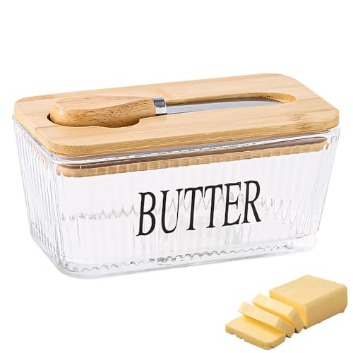 Butterdose Glas mit Holzdeckel, Butterglocke Glas Transparent mit Messer, Silikon Dichtung Butterdose, Butterbehälter, Multifunktion Butter Dish Dose für Haushalt Butter Brot Dessert Küche (C) von FUFRE