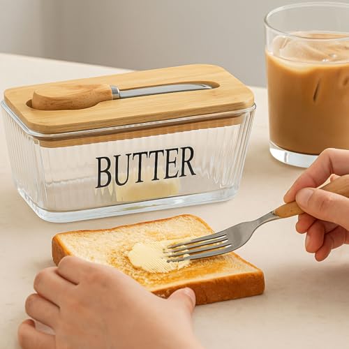 Butterdose Glas mit Holzdeckel, Butterglocke Glas Transparent mit Messer, Silikon Dichtung Butterdose, Butterbehälter, Multifunktion Butter Dish Dose für Küche Haushalt Butter Brot Dessert (C) von FUFRE