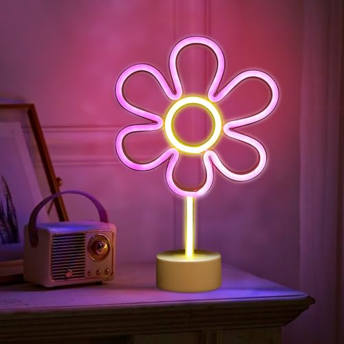 Deko Schlafzimmer LED Lichter mit Sockel, Zimmer Deko Aesthetic LED Beleuchtung Ornament, Neon Schild USB und Batteriebetrieben, Beleuchtete Neon Sign für Party Innen Deko Wohnzimmer (Blume) von FUFRE