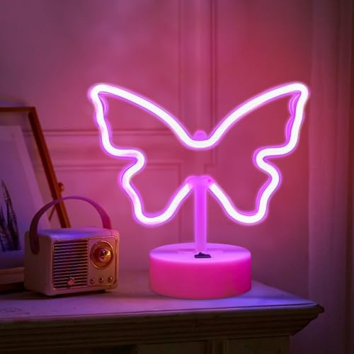 Deko Schlafzimmer LED Lichter mit Sockel, Zimmer Deko Aesthetic LED Beleuchtung Ornament, Neon Schild USB und Batteriebetrieben, Beleuchtete Neon Sign für Party Innen Deko Wohnzimmer (Schmetterling) von FUFRE
