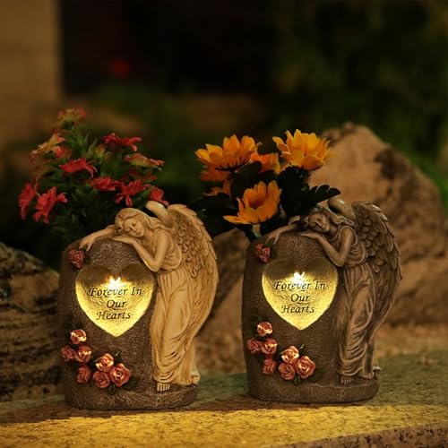 Engel Grabvase mit Solarleuchten, Grabschmuck Engelsvasen Gartenfiguren für Außen, Wetterfest Friedhofsvase Engel Solar Grablicht, Solar Licht Engelfigur Grabvasen für Frische/Künstliche Blumen (2PCS) von FUFRE