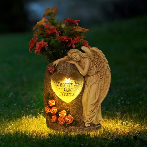 Grabvase Engel mit Solarleuchten, Grabschmuck Engelsvasen Gartenfiguren für Außen, Wetterfest Friedhofsvase Engel Solar Grablicht, Solar Licht Engelfigur Grabvasen für Frische/Künstliche Blumen (A) von FUFRE