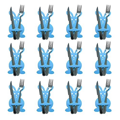 FUFRE 12 Stück Besteckhalter Filz Ostern Deko, Osterhase Bestecktasche Filz Kaninchen Bestecktasche Besteckhülle Ostern Tischdeko Gabel Messer Geschirr Tasche Geschirrhalter Osterdeko (Blue) von FUFRE