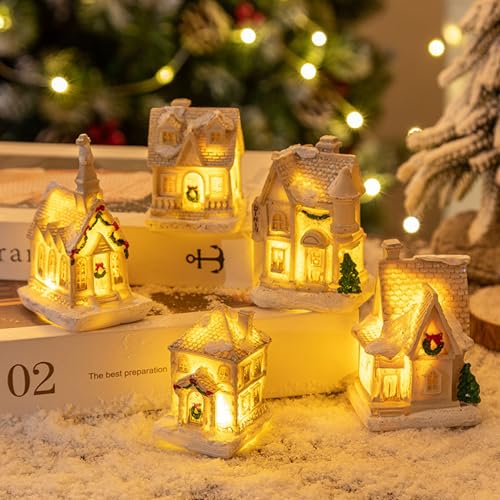 FUFRE 5PCS Weihnachtsdeko Weihnachtsstadt Weihnachtsdorf Weihnachten Deko LED Weihnachtsdorf mit Beleuchtung Weihnachtshaus Weihnachtsbeleuchtung Innen Miniatur Weihnachtsdorf Weihnachtsdekoration von FUFRE