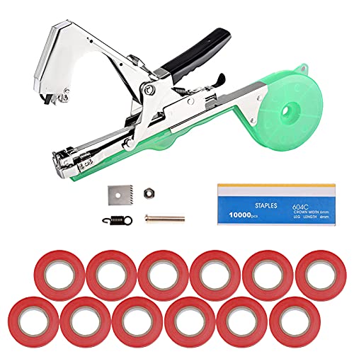 FUFRE Bindemaschine Pflanzen, Garten Tape Tool, Mit 10 Bandrollen, 10000 Heftklammern, Handbindemaschine Für Pflanzen Rankhilfen Rebe, Tomaten, Trauben, Himbeeren Plant Tying Tool (rot) von FUFRE