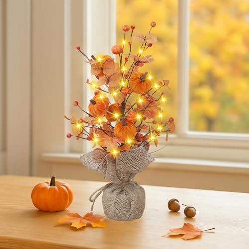 FUFRE Herbstdeko Künstliche Ahornblatt Kürbis Reisähre Deko im Topf, Kunstblumen Kürbisse Herbst Tischdeko mit 2m LED Lichterkette, Künstliche Blumen, Herbstblumen Ornamente für Tisch Innen (C) von FUFRE