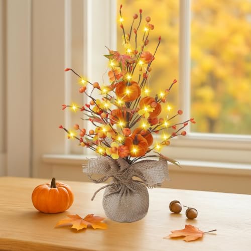 FUFRE Herbstdeko Künstliche Ahornblatt Kürbis Reisähre Deko im Topf, Kunstblumen Kürbisse Herbst Tischdeko mit 2m LED Lichterkette, Künstliche Blumen, Herbstblumen Ornamente für Tisch Innen (D) von FUFRE