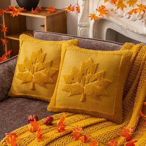 FUFRE Herbstdeko Kürbis Kissenbezug 45x45, 2er Set Herbst Deko Kissen, Herbstdeko Kissenbezüge, Herbst Kürbiskissen, Karamell Plüsch Kissenhülle Sofakissen Couchkissen für Schlafzimmer (Ahornblatt b) von FUFRE