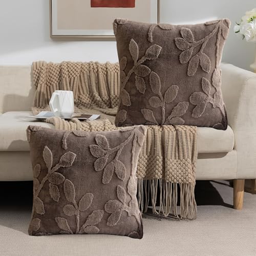 FUFRE Kissenbezug 45x45 Frühling, 2er Set Frühlingsdeko Plüsch Kissenbezüge, Deko Frühling Kissenbezug Flauschig mit Blumenmotiv, Modern Frühling Zimmer Deko Kissenhülle für Couch Wohnzimmer (Braun) von FUFRE