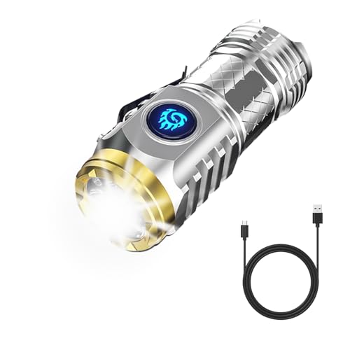 FUFRE LED Taschenlampe Extrem Helle, Mini Taschenlampe mit Dreiäugigem Monster, USB Aufladbar LED Taschenlampen mit 5 Lichtmodi, Wasserdichte Mini Taschenlampe Flashlight für Outdoor (Silber) von FUFRE