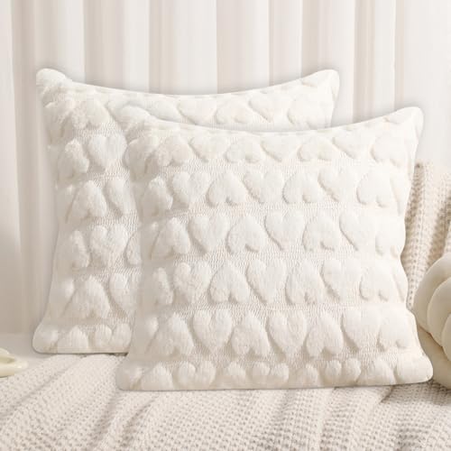 FUFRE Valentinstag Deko Herz Kissenbezug 2er Set, Romantische Herz Kissenbezug Valentinstag Deko Kissenbezüge, Valentinstag Kissenhülle Moderne Zimmer Deko (Cremeweiß, 45 x 45 cm) von FUFRE