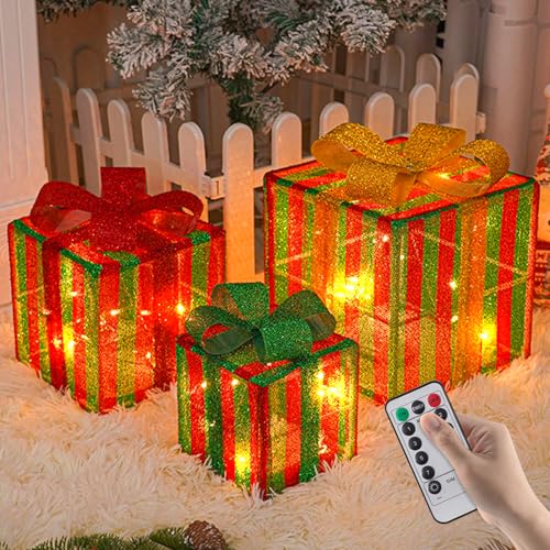 FUFRE Weihnachtsdeko Geschenkbox 3er Set LED Geschenkboxen mit Timer, Fernbedienung, 8 Lichtmodi, Beleuchte Weihnachtenbox Weihnachtsbaum Fensterdeko Weihnachtsbeleuchtung Weihnachten Deko (Streifen) von FUFRE