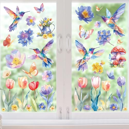 Fensterbilder Frühling Selbstklebend, 9 Blatt Frühlingsdeko Fensterbilder Blumen Vögel, Statisch Haftende, Fenstersticker Fensterfolie Fensteraufkleber für Frühling Sommer Fensterdeko (B) von FUFRE