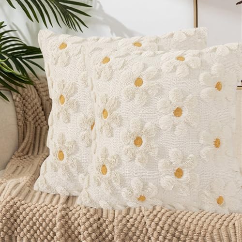Frühlingsdeko Kissenbezüge 45x45 cm 2er Set Blumen Sommer Moderne Stickerei Kissenbezug Boho Deko Kissenhülle Frühling Zierkissenbezüge für Sofakissen Dekokissen Wohnzimmer Sofa Schlafzimmer (Beige) von FUFRE