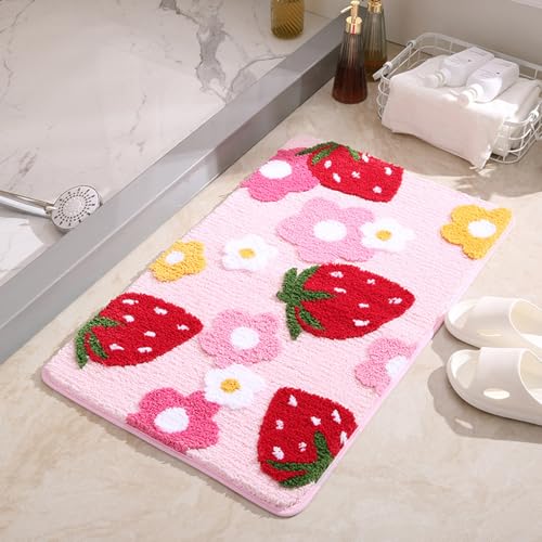 Fußmatte für Außen und Innen, Erdbeere Rutschfeste Fussmatte Haustür, Frühlingsdeko Zimmer Deko Aesthetic Türmatte, Deko Wohnzimmer Waschbar Teppich für Schlafzimmer, Eingangsbereich, Garten (Rosa) von FUFRE