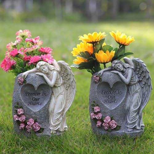 Grabvase mit Solarleuchten, Wetterfest Grabvase mit Erdspieß aus Kunstharz, Engel Solar Friedhofsvase, Grabvasen Friedhof, Grab-Vasen, Vaseneinsatz Friedhof, für Grabstein Deko (Set) von FUFRE