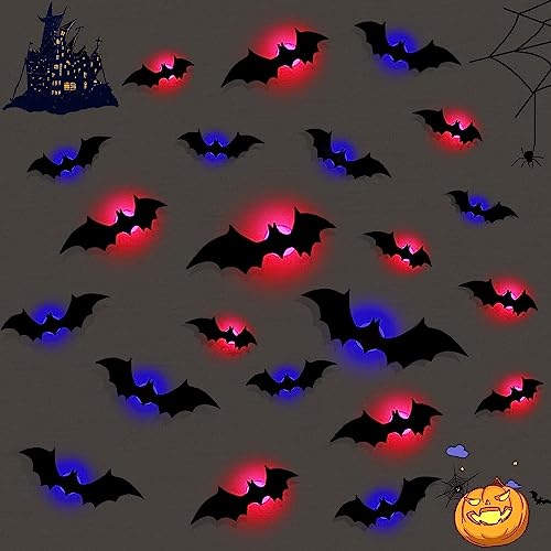 Halloween Deko Fledermaus Lichter, Leuchtende LED Fledermaus Licht Halloween Dekoration, 3D PVC Wasserdicht Halloween Fledermaus Aufkleber Licht für Innen Außen Hause Fenster Wanddekoration (24 Stück) von FUFRE