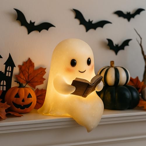 FUFRE Halloween Deko Geist Lichter aus Harz, Halloween Tischdeko Geister Nachtlicht, Geister Deko LED Licht, Leuchtende Gespenster Lampe Ornamente Batteriebetrieben für Innen Schlafzimmer Tisch (B) von FUFRE