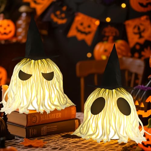 Halloween Deko Geister mit LED Lichter, 2 Stück Halloween Deko Outdoor LED Ghost Face, 3 Lichtmodi Leuchtender Geister Deko für Halloween Deko Innen Außen Garten Vorhof Terrasse Zuhause Party (A) von FUFRE