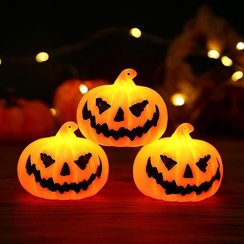 3PCS Halloween Deko Kürbis Laterne Deko, 6,3 * 5,2 cm Halloween Kürbis Deko Garten Outdoor Mini Kürbis Windlicht Kunststoff LED Kürbis Laterne Deko für Indoor Außen Rasen Haus Halloween Dekoration von FUFRE