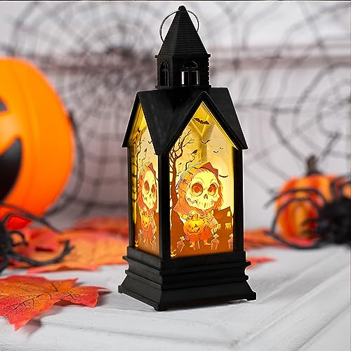 Halloween Deko Laterne Kerzen Schwarz, 17,5cm Hohe Halloween Kürbis Hexe Skelett Laterne Deko Batteriebetrieben, LED Kerzen Laterne zum Aufhängen für Innen Außen Gärten Party Halloween Dekoration (4) von FUFRE