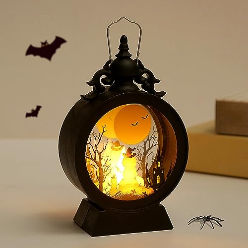 Halloween Deko Laterne Kerzen Schwarz, 9,5cm Hohe Halloween Kürbis Hexe Skelett Laterne Deko Batteriebetrieben, LED Kerzen Laterne zum Aufhängen für Innen Außen Gärten Party Halloween Dekoration von FUFRE