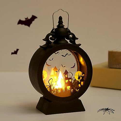 Halloween Deko Laterne Kerzen Schwarz, 9,5cm Hohe Halloween Kürbis Hexe Skelett Laterne Deko Batteriebetrieben, LED Kerzen Laterne zum Aufhängen für Innen Außen Gärten Party Halloween Dekoration von FUFRE