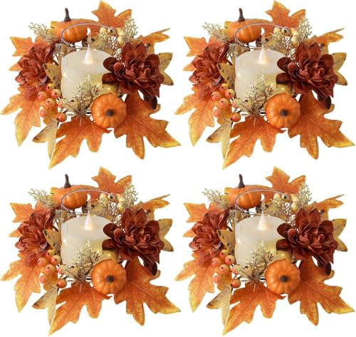 Herbstdeko Kerzenringe, 4 Stück Herbst Dekoration Kerzenkranz Ahornblättern kürbis Deko, Herbst Deko Kerzenringe für Stabkerzen, Kerzen Dekorative Kränze für Thanksgiving Innen Tisch Tischdeko (H) Herbstdeko Kerzenringe, 4 Stück Herbst Dekoration Kerzenkranz Ahornblättern kürbis Deko, Herbst Deko Kerzenringe für Stabkerzen, Kerzen Dekorative Kränze für Thanksgiving Innen Tisch Tischdeko (H) von FUFRE