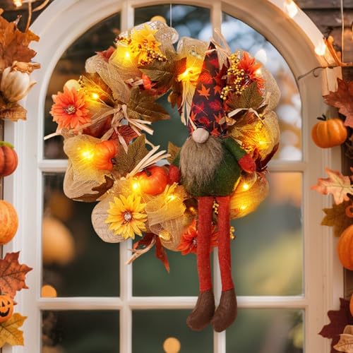 Herbstdeko Türkranz Puppe mit Lichterkette, 43cm Leuchtende Herbstkranz Haustür Sonnenblume Deko, Kranz Herbst Kürbis Ahornblatt Vogelscheuche Gesichtslose Puppe Deko für Erntedankfest Wand (A) von FUFRE