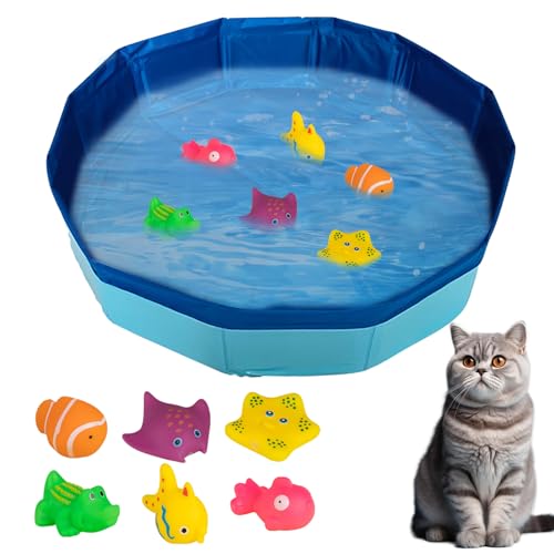 Katzenpool mit Fisch Spielzeug, Katzen Pool Faltbar Hundepool Klein Tragbare Hunde Pool mit Wasser Interaktives Katzenspielzeug Fischen Hunde Planschbecken Schwimmbad für Katzen und Hunde (80 * 20cm) von FUFRE