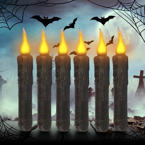 LED Stabkerzen Flackernde Flamme, 6 Stück Schwebende Kerzen LED Kerzen Flackernde Flamme, Batteriebetriebene LED Flammenlose Flackernde Tafelkerzen für Weihnachtsdeko Halloween Deko (Schwarz) von FUFRE