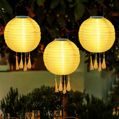 Lampions Solar Outdoor Hängend 3er Set, Solar Lampions Außen Wetterfest mit 4 Quaste, Solarlampions für Außen Hängend, Wasserdicht LED Solarlampen Draußen Solarleuchten für Garten, Höf, Deko (20CM D) von FUFRE