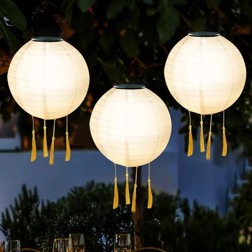 Lampions Solar Outdoor Hängend 3er Set, Solar Lampions Außen Wetterfest mit 4 Quaste, Solarlampions für Außen Hängend, Wasserdicht LED Solarlampen Draußen Solarleuchten für Garten, Höf, Deko (20CM C) von FUFRE