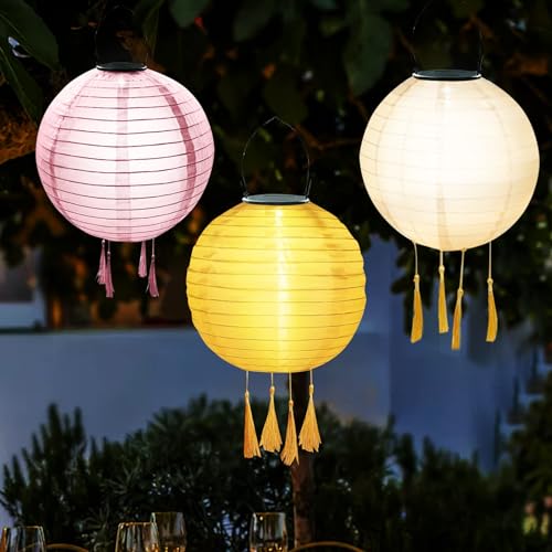 Lampions Solar Outdoor Hängend 3er Set, Solar Lampions Außen Wetterfest mit 4 Quaste, Solarlampions für Außen Hängend, Wasserdicht LED Solarlampen Draußen Solarleuchten für Garten, Höf, Deko (20CM A) von FUFRE
