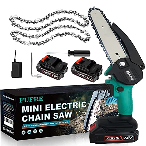 Mini Kettensäge Mit Akku, 6-Zoll- Mini Kettensäge Mit Zwei 24V Akkus Und Sicherheitsschloss, Fieberschutz, Schnellladegerät Akku Handkettensäge Für Bäume, Astwälder (6-Zoll-A) von FUFRE