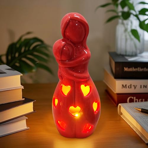 Muttertochter Figuren mit Beleuchtung, Mutter Tochter Figur aus Keramik, Mutter Tochter Statue Porzellan mit LED Lichterketten Geschenke für Mama zum Geburtstag Muttertag (Rot) von FUFRE