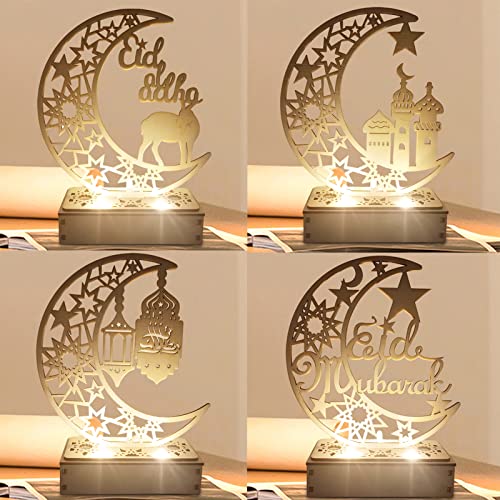 FUFRE Ramadan Deko Holz LED Lampe Mond Stern Laterne Eid Mubarak Dekoration, Muslim Islam Ramadan Dekoration Halbmond Nachtlicht Ornamente für Muslimische Ramadan Festival Gebetszubehör (4PCS) von FUFRE