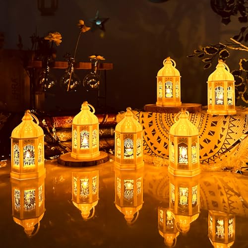 Ramadan Deko Laterne, 6er Set Ramadan Kareem Dekoration Laterne mit Warmweiß LED Licht, Eid Mubarak Dekoration Mond Stern Laterne Hängend Ramadan Deko Lampe für Muslimische Festival Dekorative von FUFRE