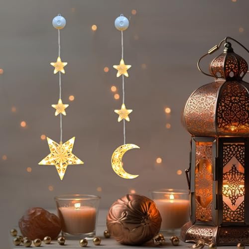 Ramadan Deko Lichterkette, LED Mond Sterne Lichterkette mit Saugnäpfe, Eid Mubarak Dekoration Ramadan Lichterkette Fenster Innen Ramadan Dekoration Lichterkette für Muslimische Deko (Sterne+Mond) von FUFRE