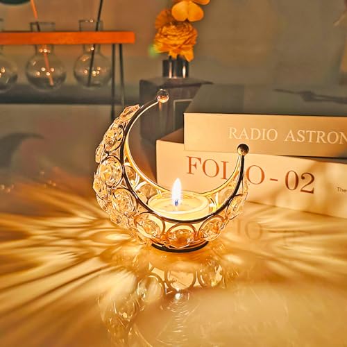 Ramadan Deko Teelichthalter Gold Deko Wohnzimmer Modern Moon Kerzenständer Kristall Kerzenhalter Moon Teelichthalter Metall Windlichter Tischdeko für Hochzeit Party Ramadan Dekoration (Gold 1 Stück) von FUFRE