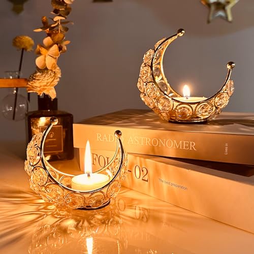 Ramadan Deko Teelichthalter Gold Deko Wohnzimmer Modern Moon Kerzenständer Kristall Kerzenhalter Moon Teelichthalter Metall Windlichter Tischdeko für Hochzeit Party Ramadan Dekoration (Gold 2 Stück) von FUFRE
