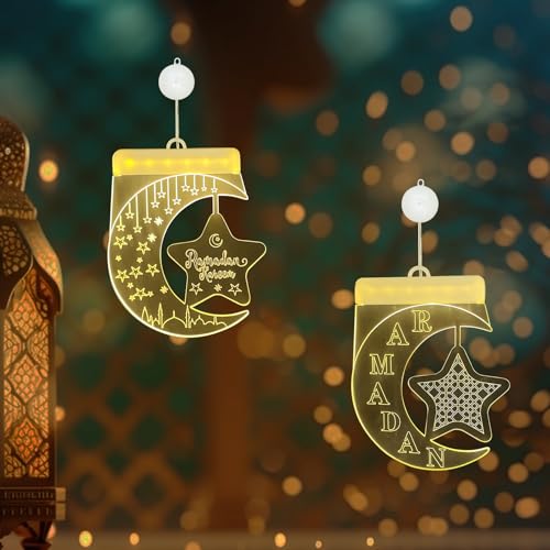 Ramadan Lichterketten, Ramadan Deko Lichterkette, Warmweiß LED Fenster Lichterkette Batteriebetrieben mit Saugnäpfe, Eid Mubarak Stern Mond Lichterketten Dekoration für Muslim Festival Deko (2, A) von FUFRE