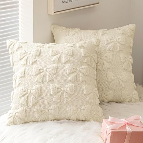 FUFRE 2 Stück Schleife Kissenbezug 45x45 cm, Kissenbezüge Schleifen 45x45 Deko Wohnzimmer Modern Kissenhülle Zimmer Deko Aesthetic Zierkissenbezüge Muttertag Dekokissen Geschenk für Mama (Weiß) von FUFRE