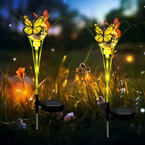 Schmetterling Solarlampen für Außen, 2 Stück Solarleuchten für Außen Schmetterling, Wasserdicht Solarlaterne für Draußen, Wetterfest Solar Gartenleuchten Outdoor Gartenstecker für Pathway, Yard (A) von FUFRE