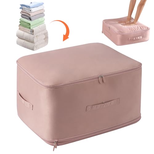 FUFRE Selbstkomprimierender Organizer, Platzsparende Bettdecken Aufbewahrungstasche, Groß Selbstkomprimierende Organizertaschen for Bettdecken Kleidung Decken (54 * 42 * 30cm,Rosa) von FUFRE