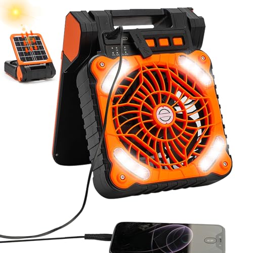 Solar Camping Ventilator USB Campingventilator Solar Lüfter für Zelt Wiederaufladbare Zeltventilatoren mit LED Lichtern, Tragbarer Solar Camping Ventilator Laterne für Outdoor Angeln Auto (Orange) von FUFRE