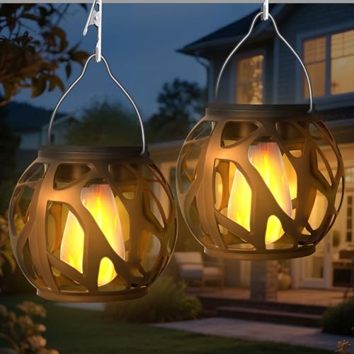 Solarleuchten für Außen Hängend, 2er Set Flammenlicht Solar Laternen für Draußen IP65 Wasserdicht, Solarlampen für Außen Hängend Wetterfest 6-8h Bleuchtdauer, für Garten Balkon Deko (Flamm) von FUFRE