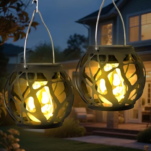 Solarleuchten für Außen Hängend, 2er Set Flammenlicht Solar Laternen für Draußen IP65 Wasserdicht, Solarlampen für Außen Hängend Wetterfest 6-8h Bleuchtdauer, für Garten Balkon Deko (Warm) von FUFRE