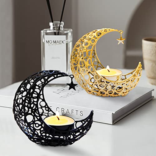 Teelichthalter Gold Deko Wohnzimmer Modern, Kerzenhalter für Stabkerzen, Moon Kerzenständer Schwarz und Gold Metall Tischdeko für Ramadan Valentinstag Hochzeit Party Dekoration (Gold+Schwarz) von FUFRE